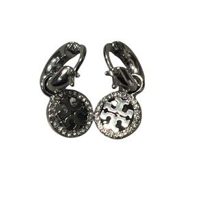 Tory Burch White Crystal Inlaid Hollowwork Silver Logo Hoop Earrings.